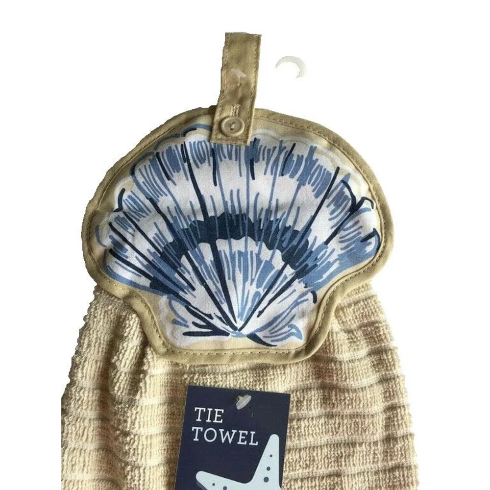 Shell Hanging Kitchen Dish Towel Set Of 2 Button Tie Beige Summer Beach House